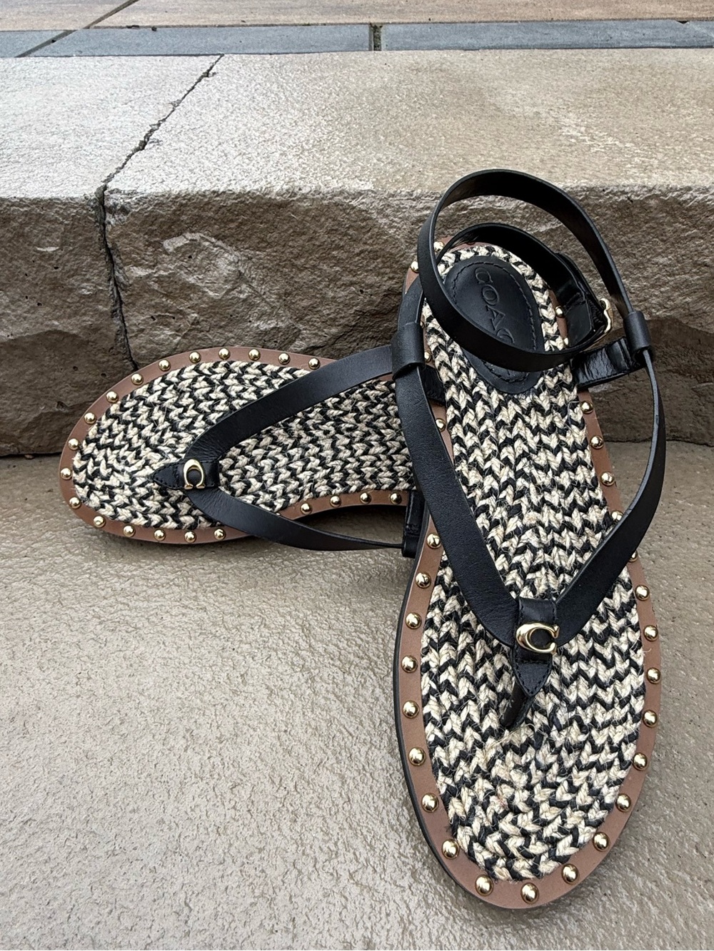 Coach Gracey Thong Sandal Women's 8 Ankle Strap Woven Footbed Studded New
